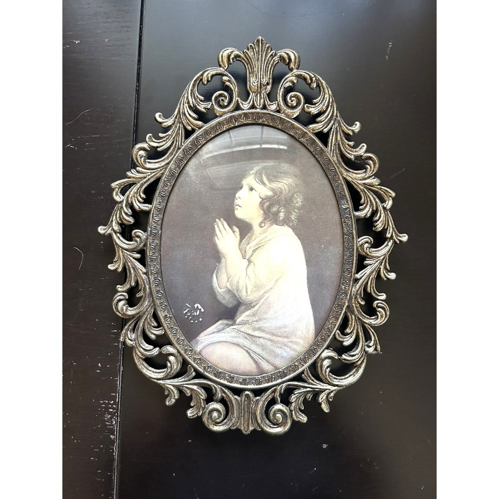 Antique "The Infant Samuel" Ornate Brass Tone Picture Frame w/Bubble Glass 10x13